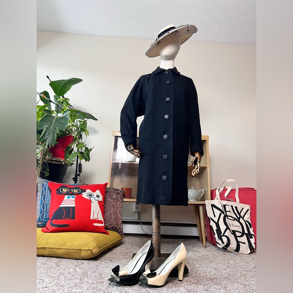 Vintage 50s 60s Inky Black 100% Cashmere Peacoat w/ Serial Number - Medium